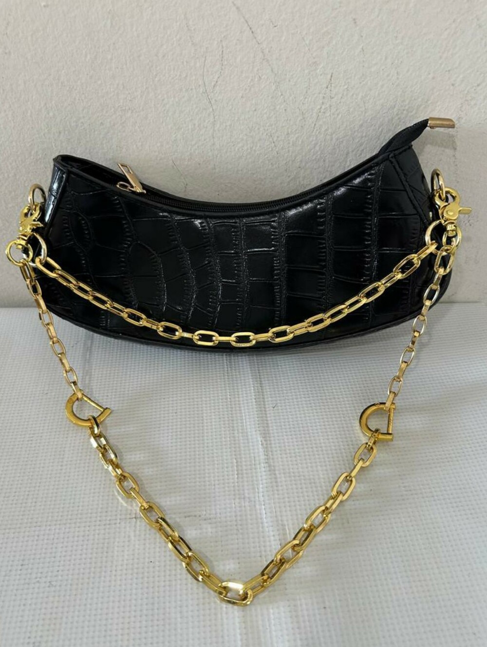Vintage Y2K Style Black Croc Embossed Baguette Bag with Gold Initial Charm Chain